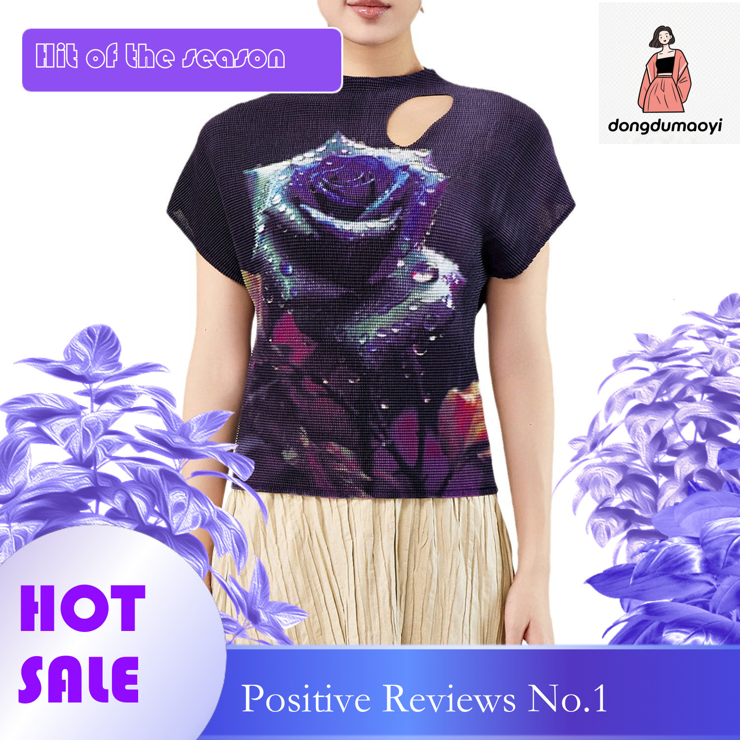 dongdumaoyi Miyake style top 2024 new half neck short sleeved fashionable printed hollow out clothes women's rose T-shirt