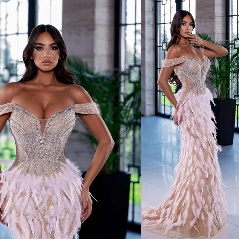 Luxury Feather Mermaid Prom Dresses For Special Occasions Off Shoulder Sequined Evening Gowns Customized Birthday Party Dress