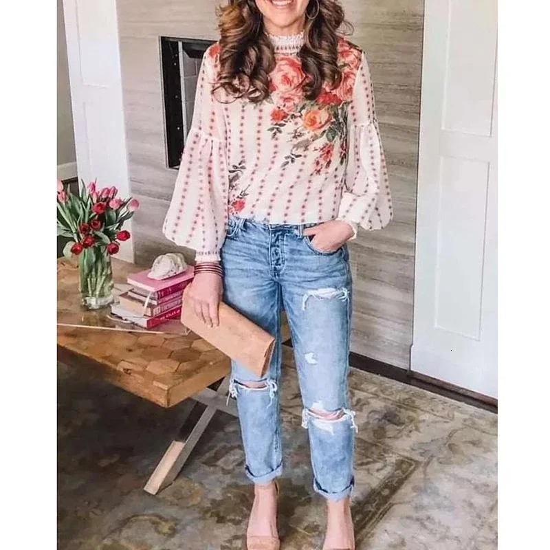 Printed Woman Shirt Sweet Blouse Spring Autumn Fashion Lantern Sleeve Top 250514