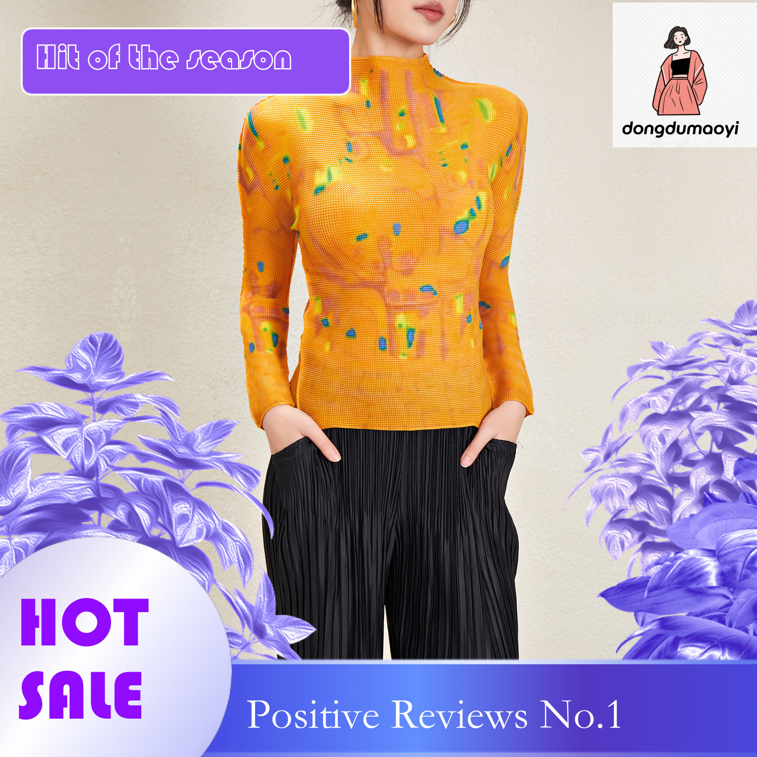 dongdumaoyi Slim fit T-shirt for women, long sleeved thin clothing, spring and autumn new products, Miyake printed western-style top, women's ver