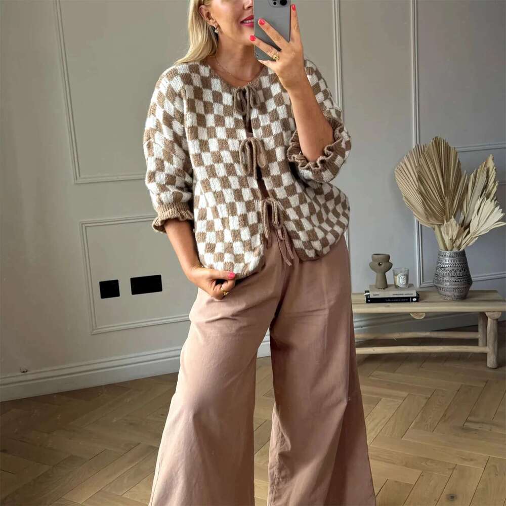 Combhasaki Women's Y2K Checkerboard Print Front Bow Tied Crop Cardigan Crew Neck 3/4 Flare Ruffle Sleeve Knit Sweater Streetwear
