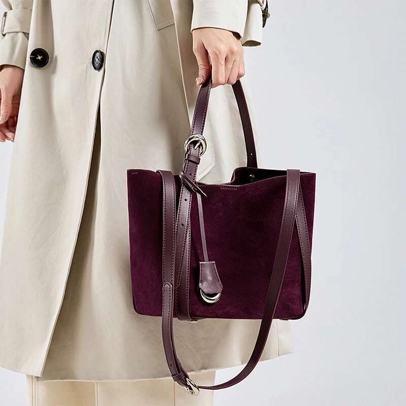 Women's Brushed Genuine Leather Shoulder Vintage Suede Red Bucket Large Capacity Handbag With Cosmetic Bag 2025
