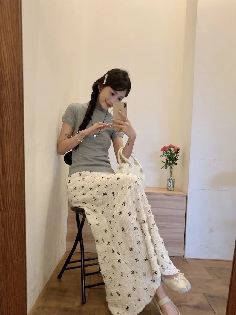 Womens Summer Floral Bow Print Lace Crochet Mermaid Hem Long Skirt Slimming Elegant Sexy Beach Dress Casual Boho HighLow Sty 250514