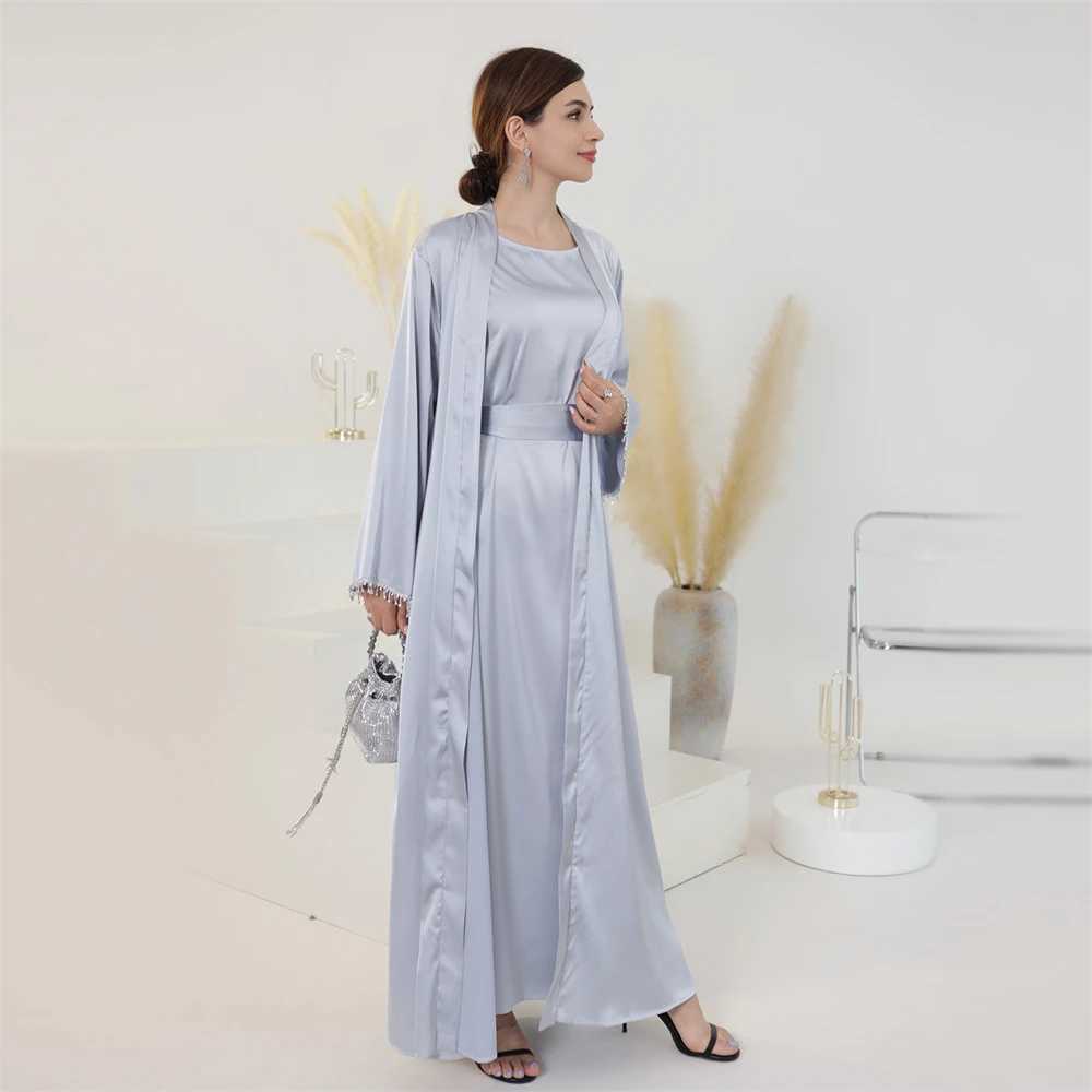 Diamonds Tassel Muslim Women Matching Outfits Kimono Open Abaya Dress 2 Pieces Set Satin Jalabiya Islamic Kaftan Ka Ramadan X250514