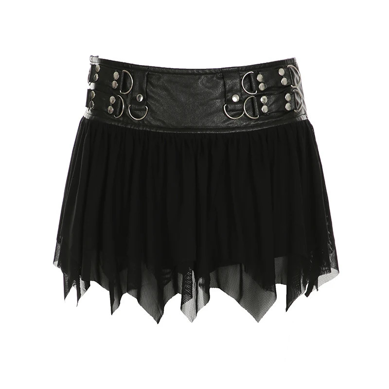 HEYounGIRL Gothic Faux Leather Patchwork Mesh Irregular Hem Skirt Women Punk Style Black Mini with Shorts Under Clubwear 250514