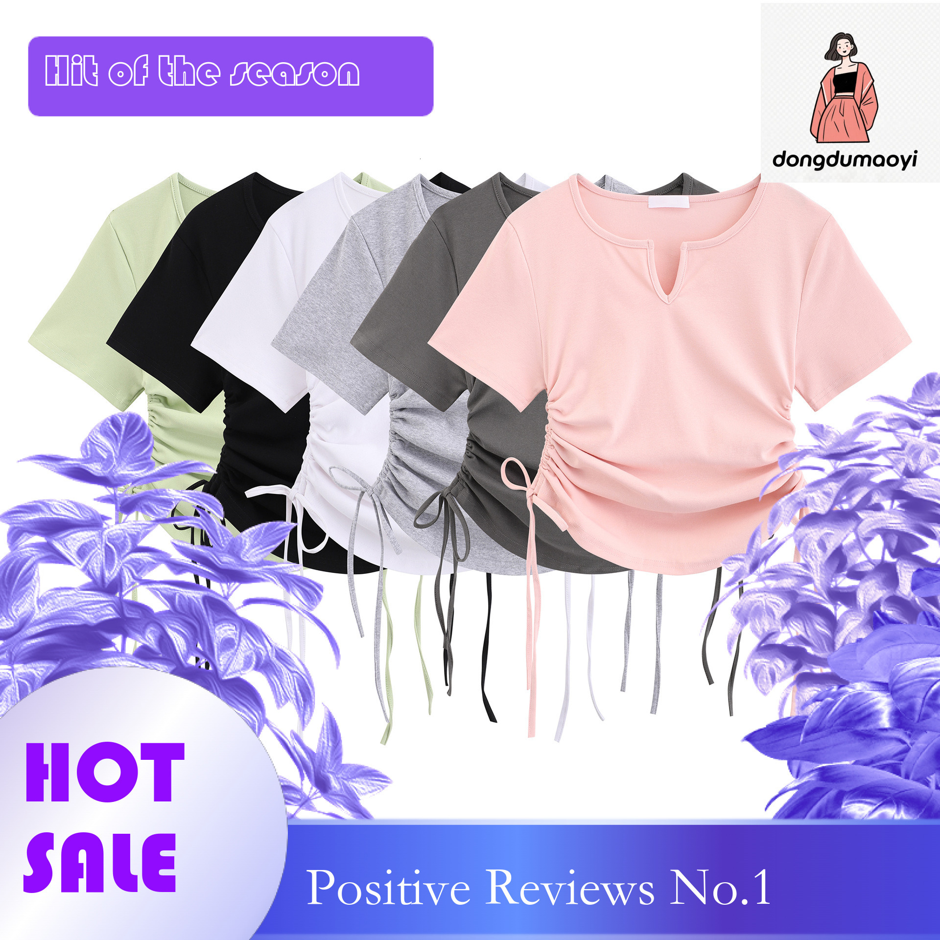 dongdumaoyi Solid color cut slimming V-neck short sleeved T-shirt for women's clothing 2025 new Korean version design sense niche spicy girl shou