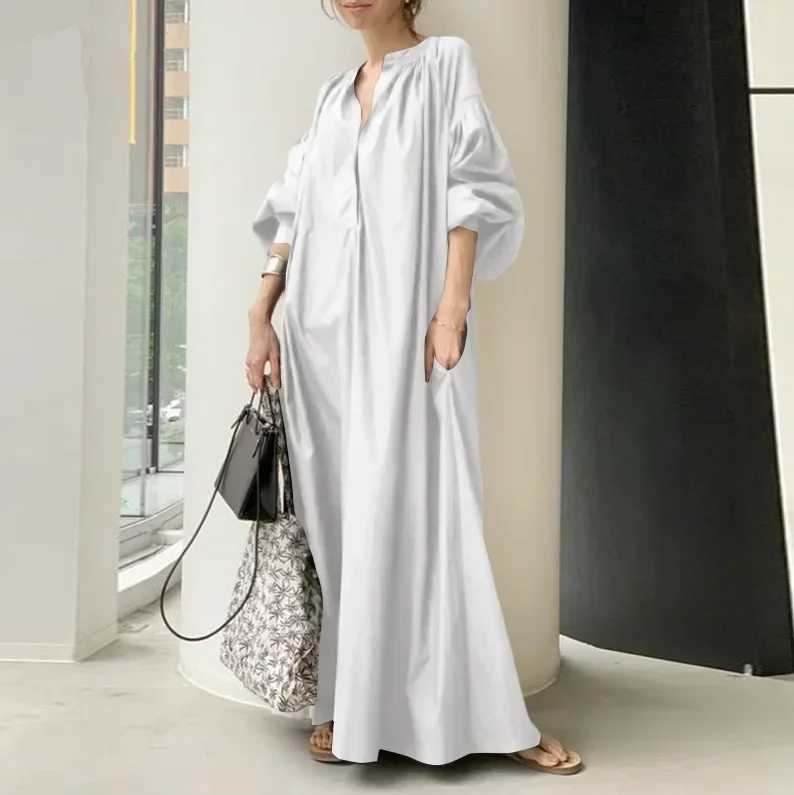 2025 Spring Cotton Linen Women Dress White Pocket Long Dresses Female Spring Trendy Elegant Casual Korean Fashion Clothes LadiesXJ250514