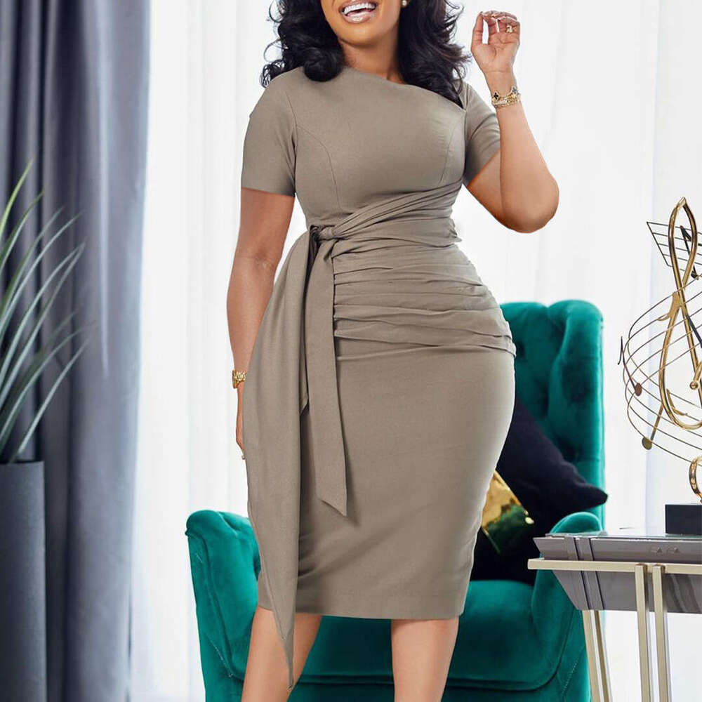 Women's Wear Women's Wear Women's Summer New Short Sleeve Fashion Pleated Elegant Strap Oblique Neck Dress