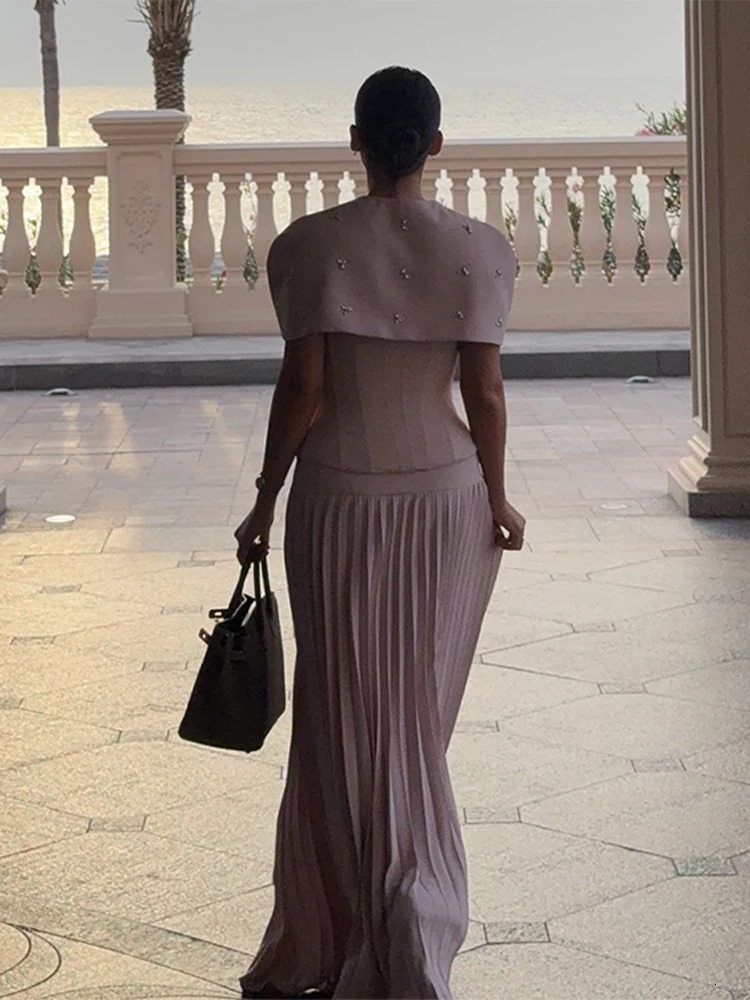 Elegant Shawl Slim Top Pleated Skirt Set Lady Retro Purple Sleeveless Tube High Waist Long Skirts Sets Women Summer Chic Evening 250514