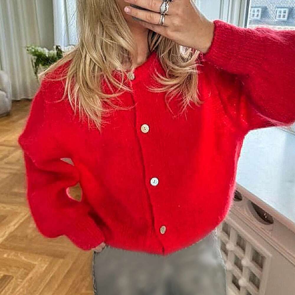 Combhasaki Women's Y2K Chic Solid Color Fuzzy Loose Cardigan Long Sleeve Button Down Round Neck Sweater Soft Knit Tops Outerwear
