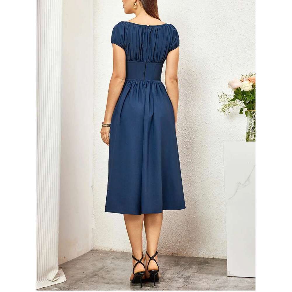 NewAsia Women's Short Sleeves Square Neck Midi Corset Dress Flowy Swing A line Fashion Casual Long Dresses Navy Summer
