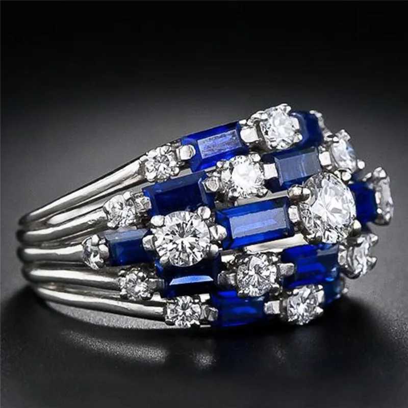 925 Sterling Silver Blue/White CZ Full Bling d Out Female Cubic Zirconia Wide Rings for Women Statement Jewelry GiftsXJ250514