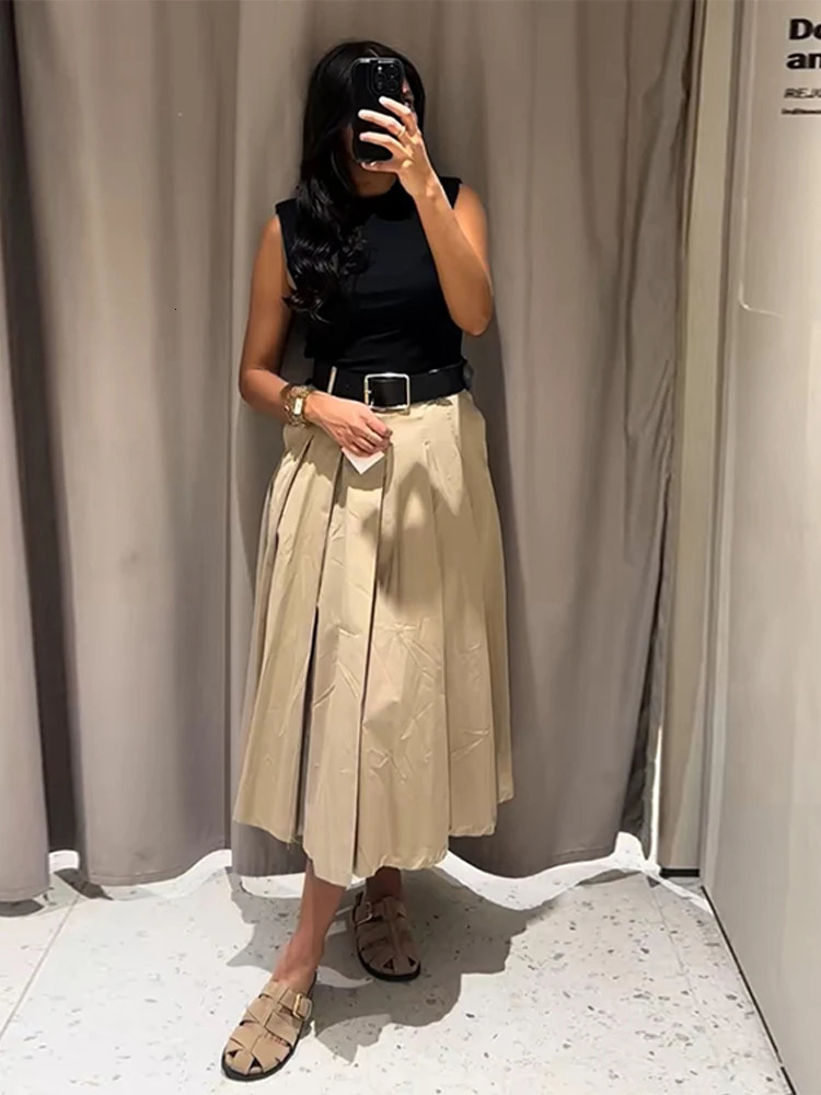 Fashion Patchwork Pleated Long Dress With Belt Women Chic Sleeveless Tank Maxi Midi Lady High Waist Holiday Party Vestidos 250514
