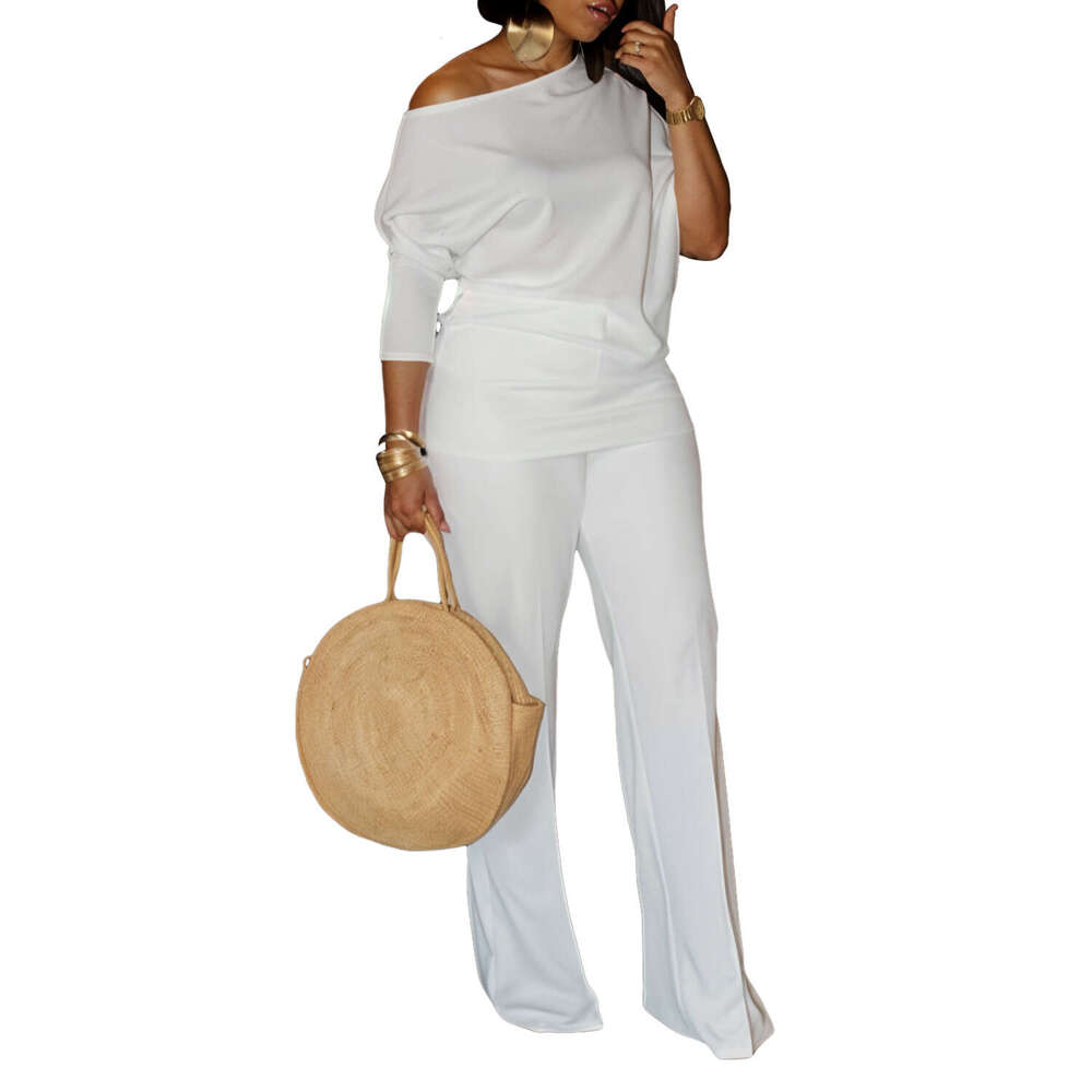 Women's Wear Women's Wear Women's Autumn Fashion Style Solid Color Slant Collar Top Wide Leg Pants Set