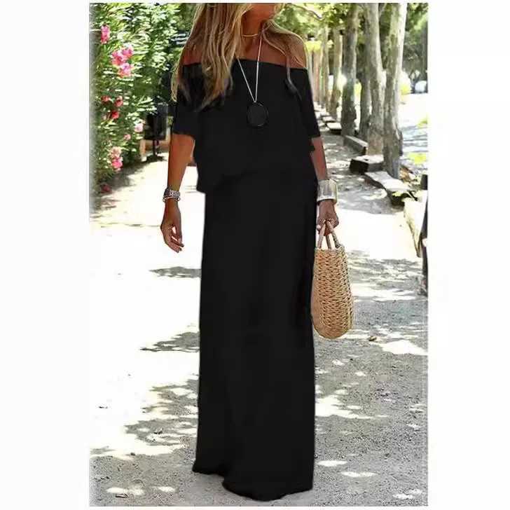 Vintage Casual Evening Dress Short Sleeve Slash-neck Floor-length Long Dress Simple Dress for Woman Slim Party DressesXJ250514