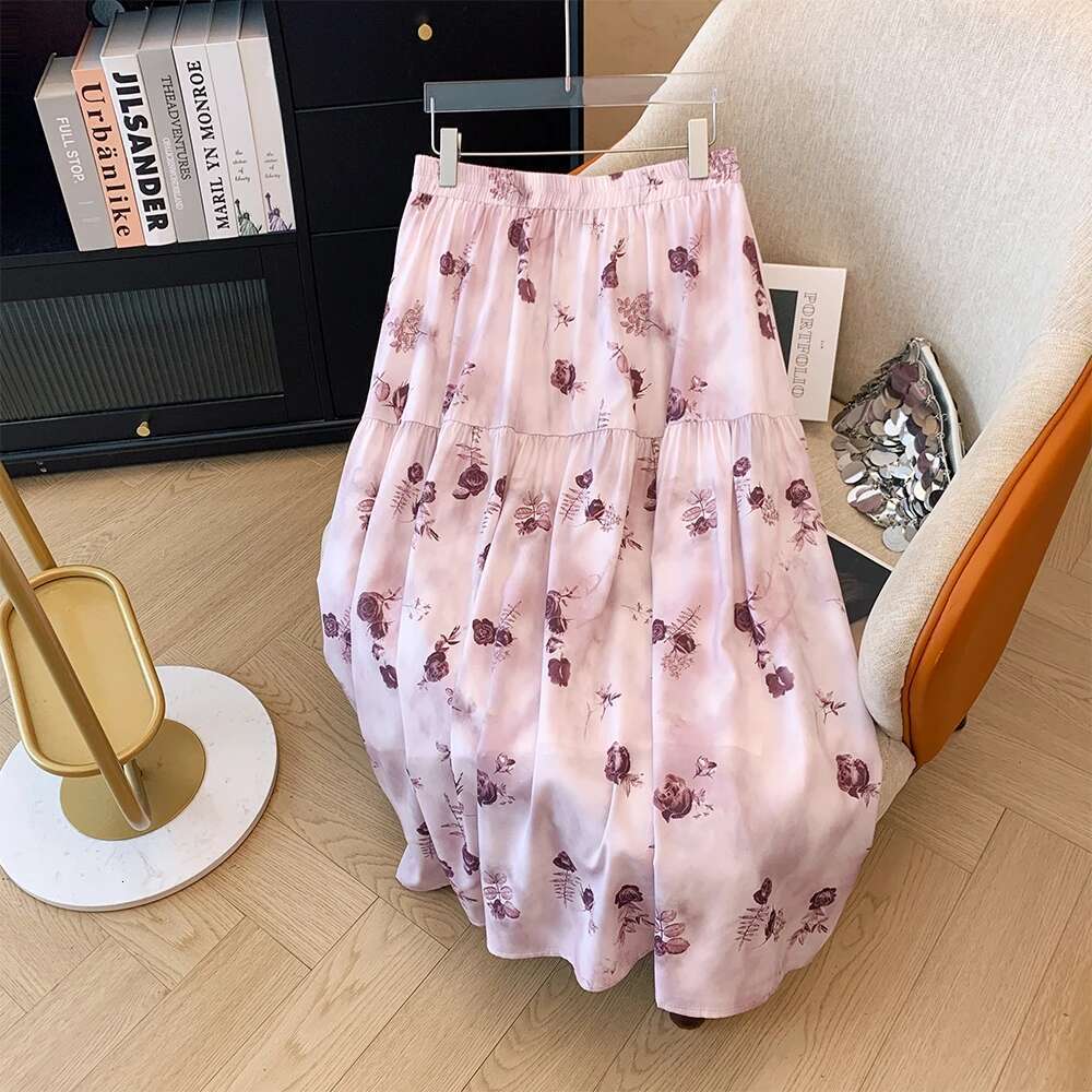 Plus-size Women's Fall/Winter Casual Commuter Loose Comfortable Skirt Pink chiffon print A-line elastic waist lined long skirt