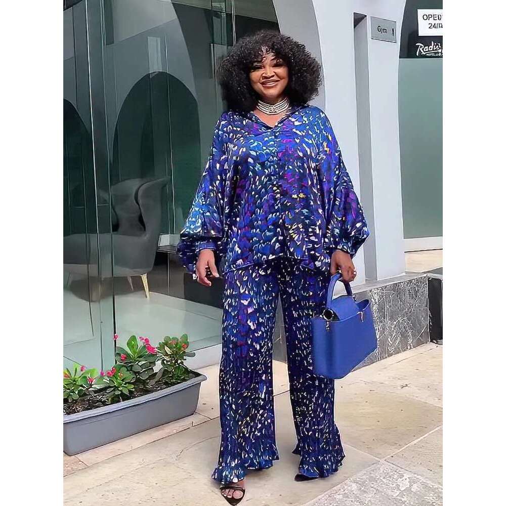 African 2 Piece Women Outfit Loose Casual Long Top Shirt and Pant Set Autumn Plus Size Matching Sets Pleated Trouser Suit