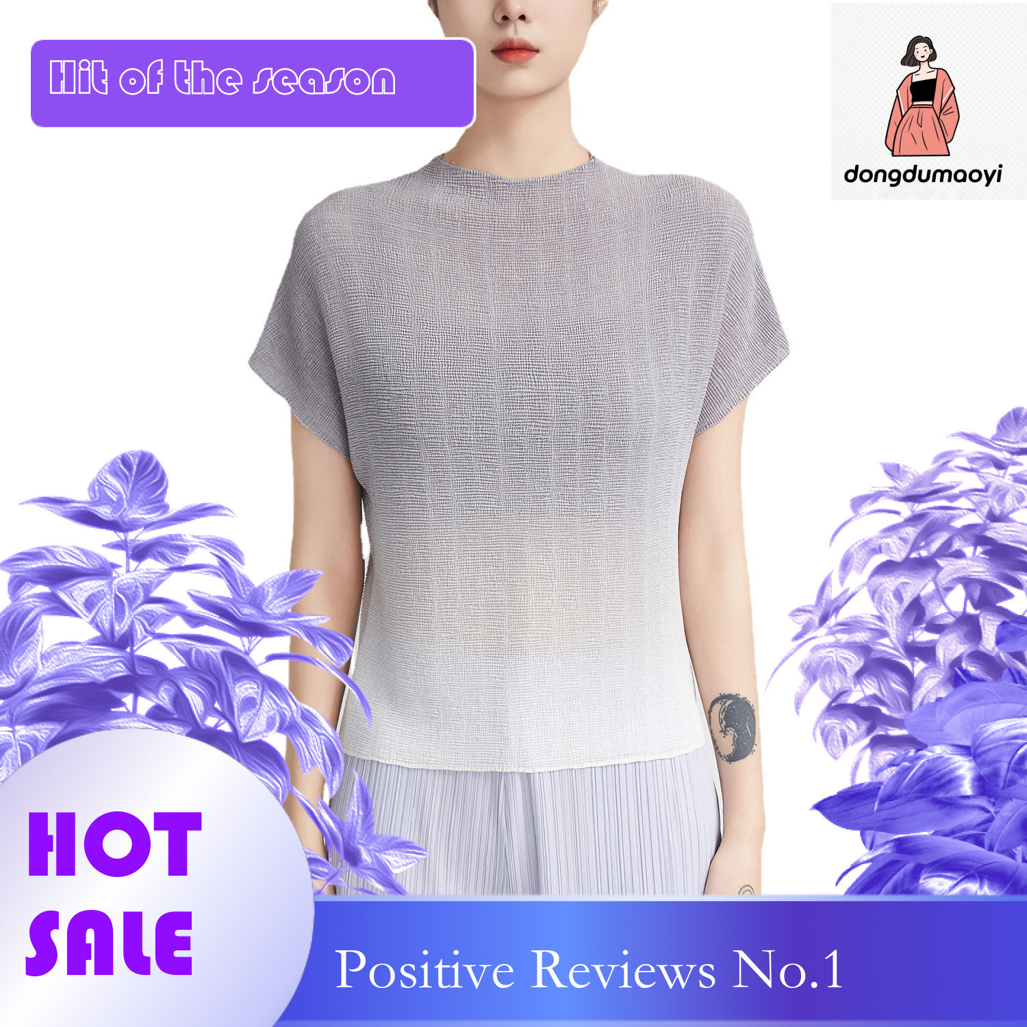 dongdumaoyi Large size loose chiffon top for women 2024 summer three house style pleated gradient color semi high neck short sleeved T-shirt