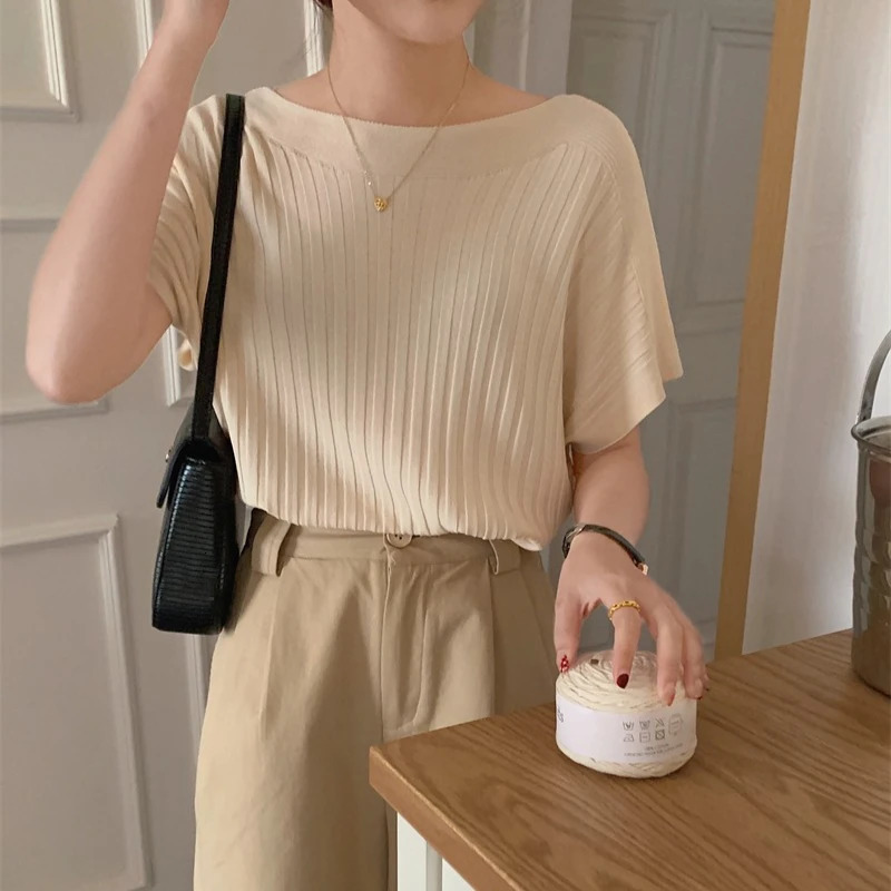 Spring Summer Knitted Batwing Sleeve Womens Tshirts Solid Casual Loose Oneck Bottom Shirts Knitwear Tops Female 250514