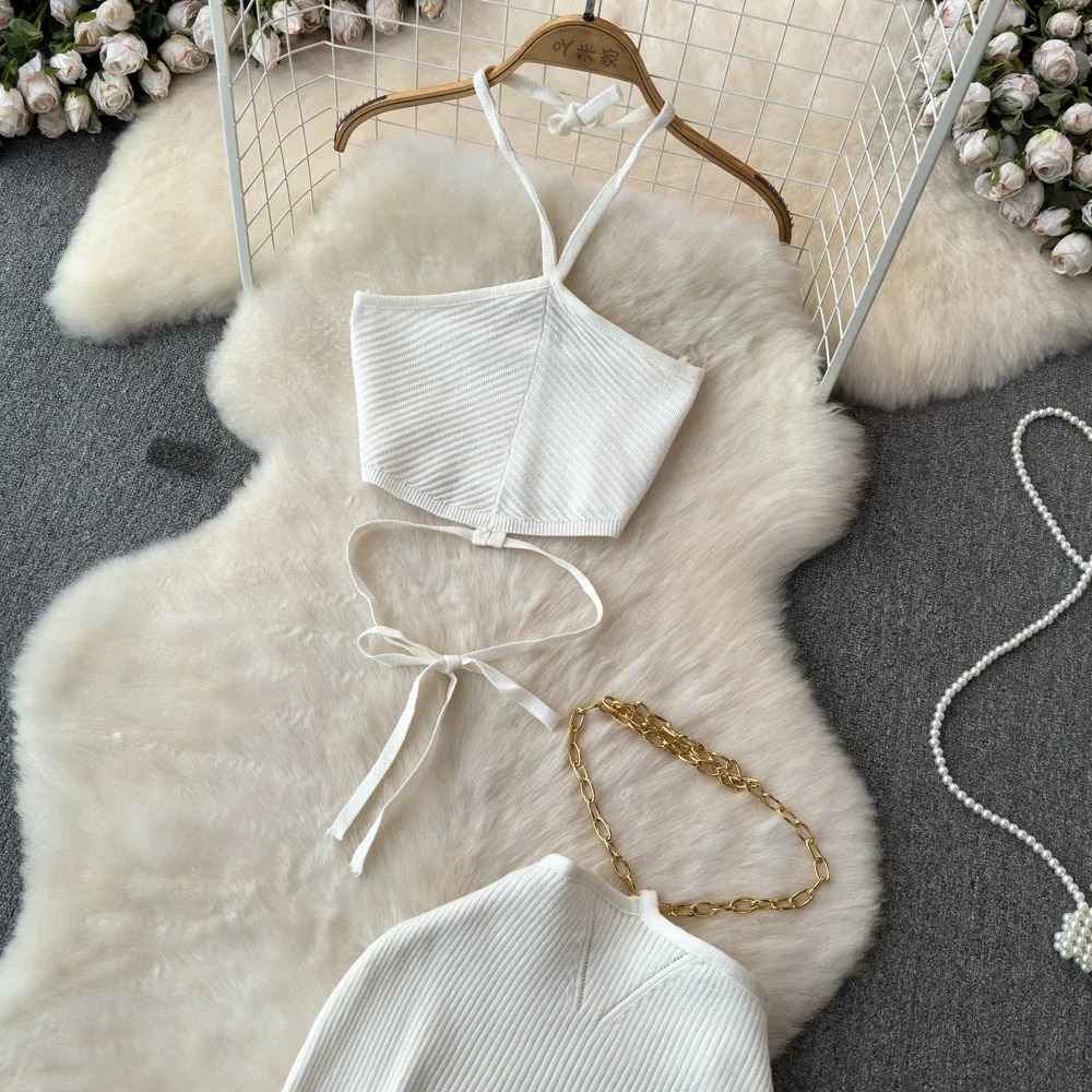 Summer KnittedTwo Piece Dresses Sets Women Skirt Suit Sexy Slim Crop Tops Long Split Dress Halter Camis With 250514