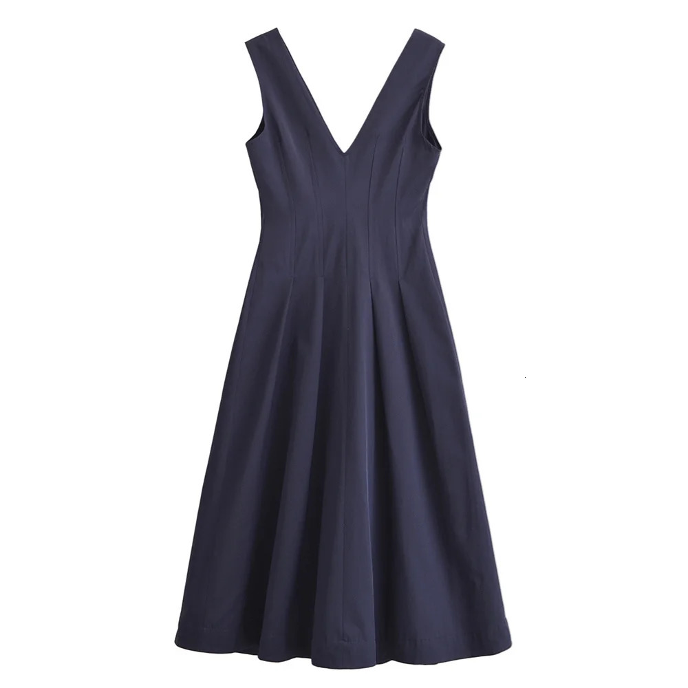 UNIZERA Womens Zipper Vneck Midi Dress Solid Color Decoration SpringSummer Casual Wear 250514