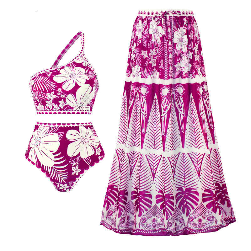 New French retro split three piece bikini swimsuit, women's European American sexy one shoulder mesh skirt swimsuit set, 2025 new style, chic and