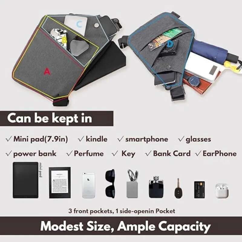 Theft Crossbody Anti Bag, Chest Bags Women Men, Slim Sling Shoulder Bag Anti-theft Design for Travel, Sport, Work , Men, -theft Travel, Sport,