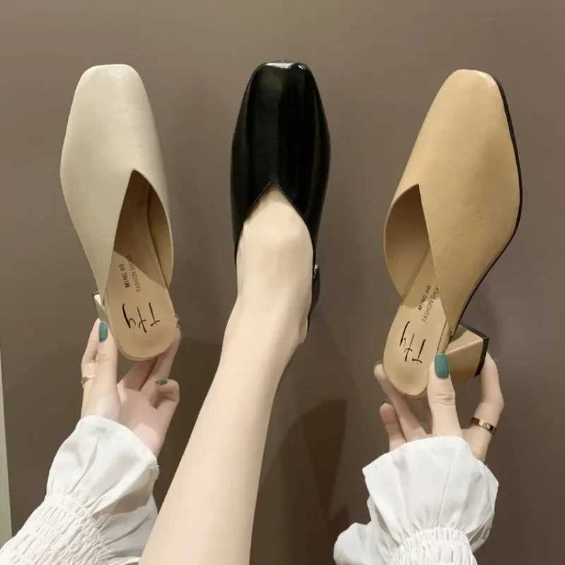 Baotou Half Slippers Women 2024 Summer New Outer Wear Fashion Solid Color Square Toe Thick Heel High-heeled Womens Shoes W250514