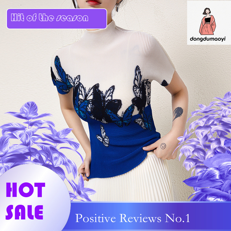 dongdumaoyi Wrinkle suit small shirt top fashionable design sense niche Miyake T-shirt printed pleated skirt two-piece set