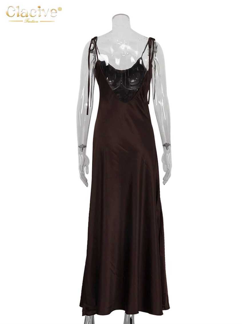 Clacive Fashion Loose Brown Satin Womens Dresses 2025 Summer Strap Sleeveless Floor Length Dress Sexy Backless Female DressXJ250514