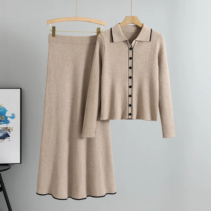 Slim Knitted Two Piece Set for Women Fashion Spring Autumn Long Sleeve Cardigan Sweater Skirt Sets Outfits 250514