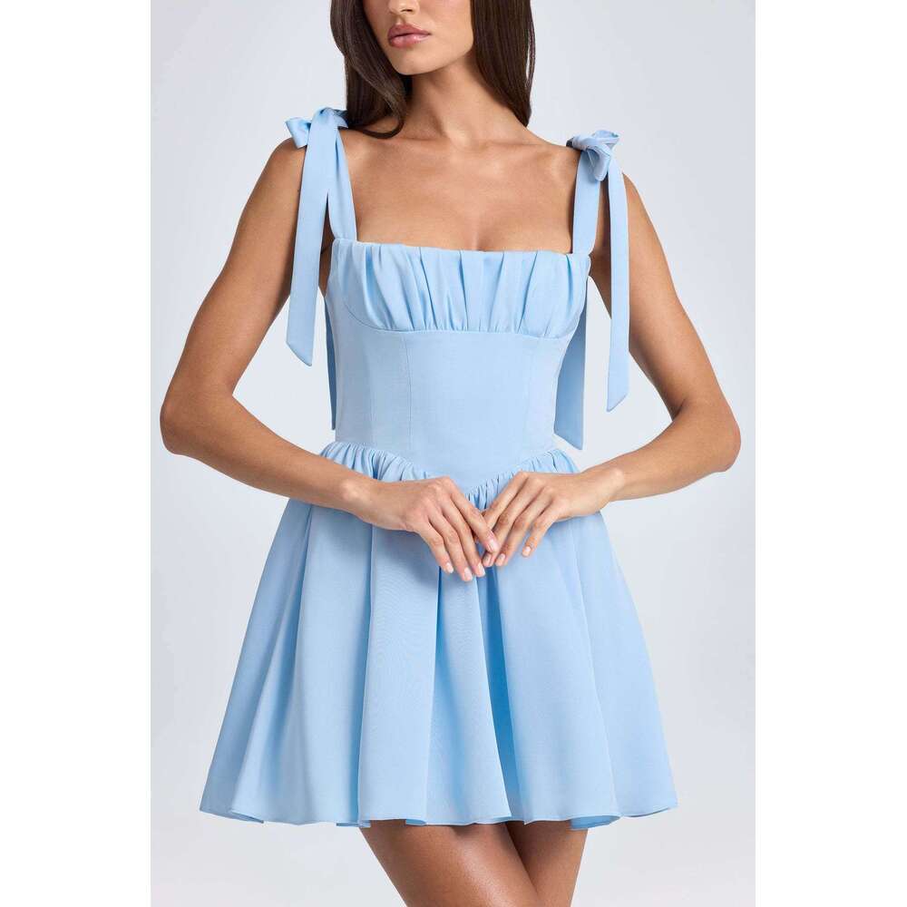 Maxi Dress Summer Dresses Womens Designer Clothing Whitedress 2025 Summer New Womens Fashion Square Neck High Waist Folded Splicing Bow Strap Dress