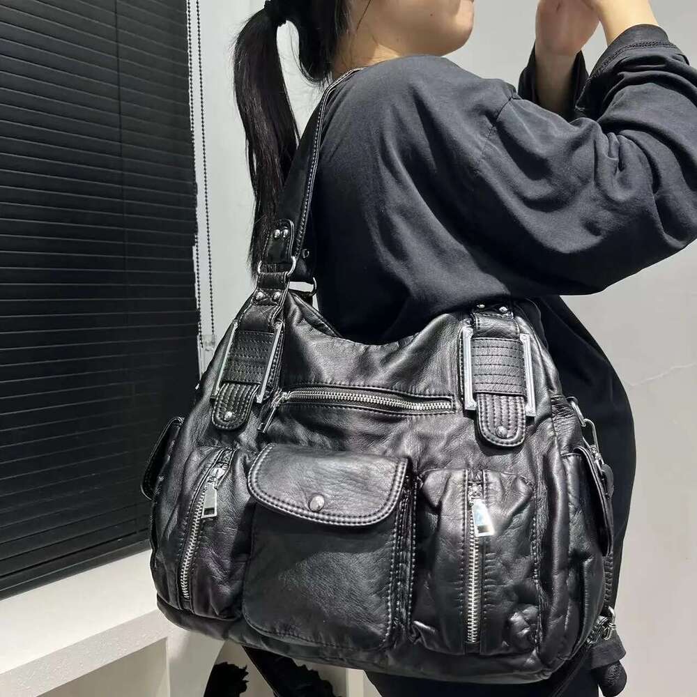 Women's Fashion Y2k Hot Girl Motorcycle Old Lychee Pattern Multi-Pocket Shoulder Crossbody Bag