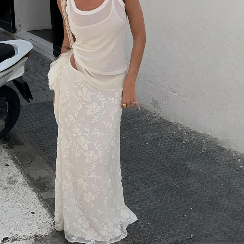 Candy Elegant French ALine Mesh Fashion Long Skirts Vintage High Waist Casual Y2K Spring Summer Evening Party Maxi Skirt 250514