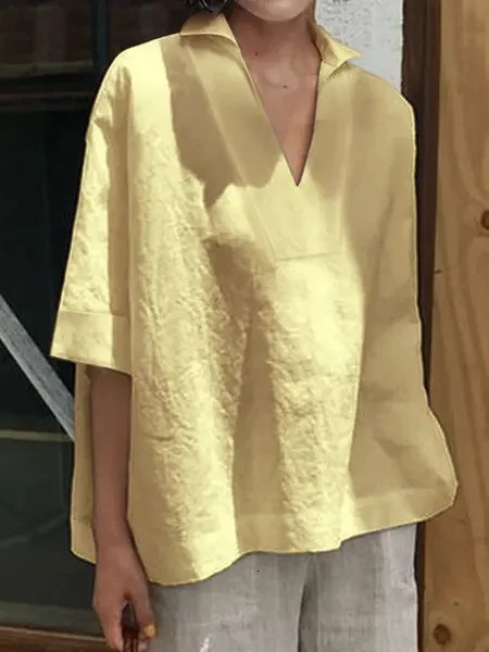 2025 Autumn Cotton Linen Women Top White Solid Half Sleeve V-neck Loose Casual Blouse Female Summer All-match Shirt Lady Clothes 250513