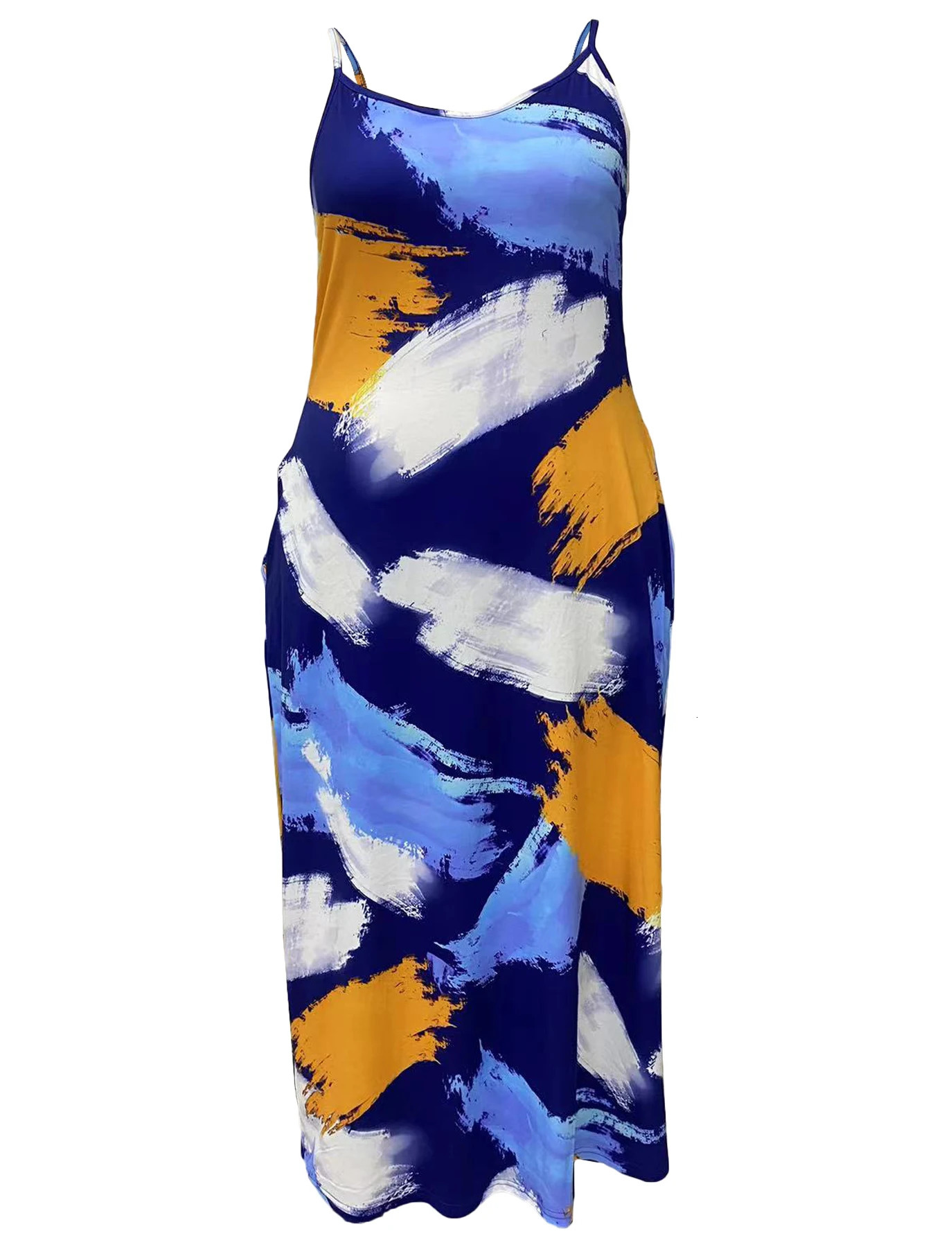 plus Size Fashion Graffiti Print Halter Dress with Adjustable Buckle Pocket Womens Summer Casual Dress 250509
