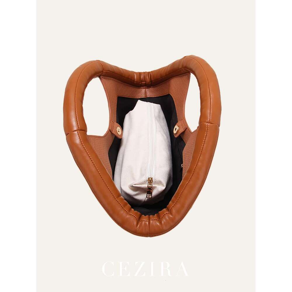 CEZIRA Niche Design Women Fashion Shoulder Handbag PU Vegan Leather Cotton Filled Handles Top-Handle Bag Large Tote Bucket Purse