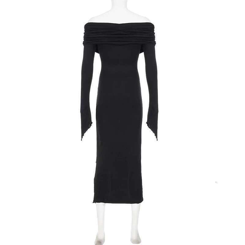 SUCHCUTE Elegant Off Shoulder Ruffles Split Dress Black Fashion Long Sleeve Party Dresses Women Beach Vacation Outfits