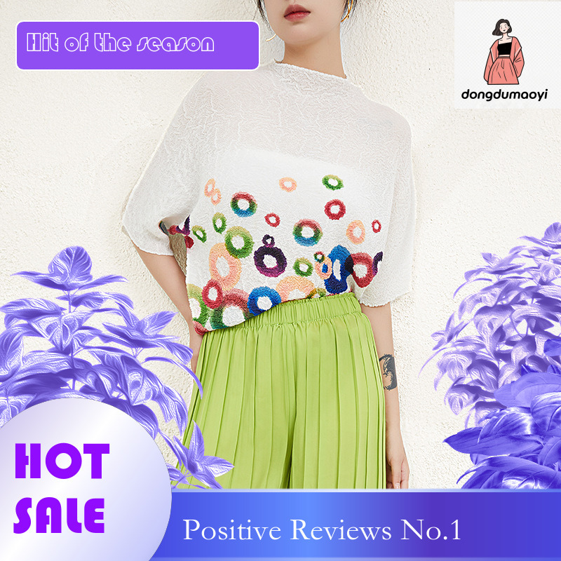 dongdumaoyi Miyake top women's summer pleated thin loose slimming plus size design rendering printed semi high neck short sleeved T-shirt