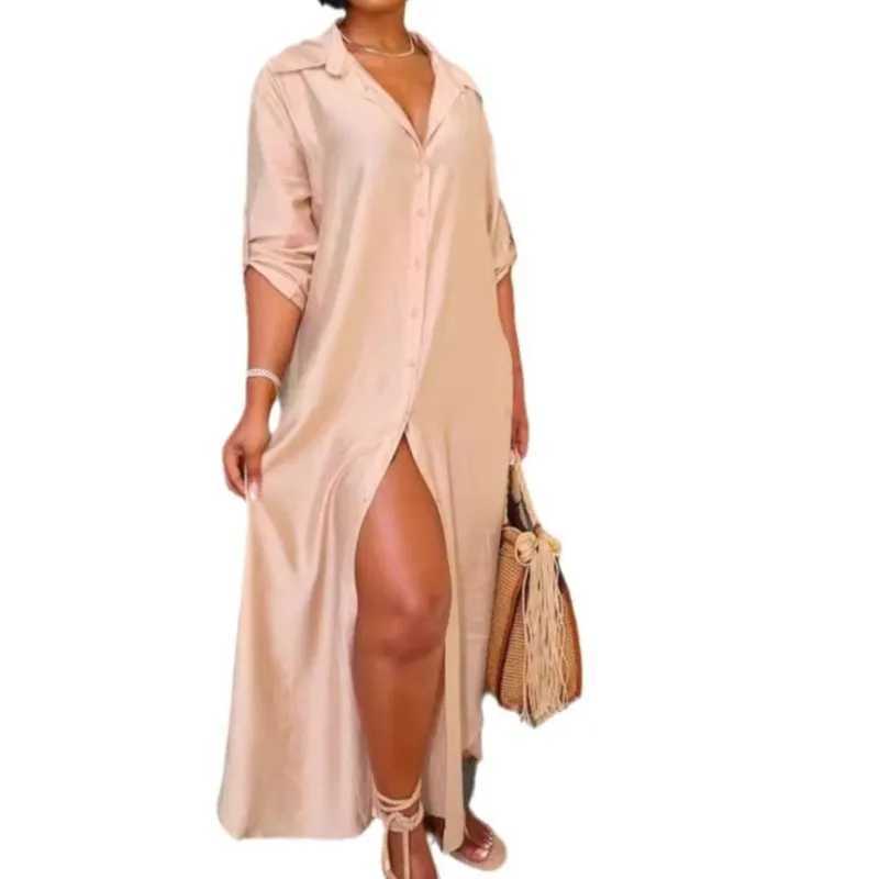 Shirts Dress For Women Full Sleeve Turn-down Neck Single Breasted Satin Maxi Long Dress 2025 Dresses Summer Party Loose DressesXJ250514