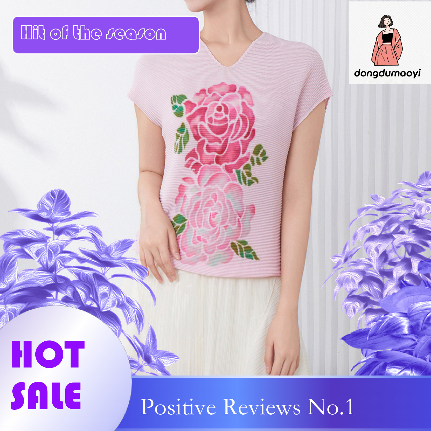 dongdumaoyi Miyake versatile design, niche fashion temperament, new pleated rose print V-neck short sleeved t-shirt for women