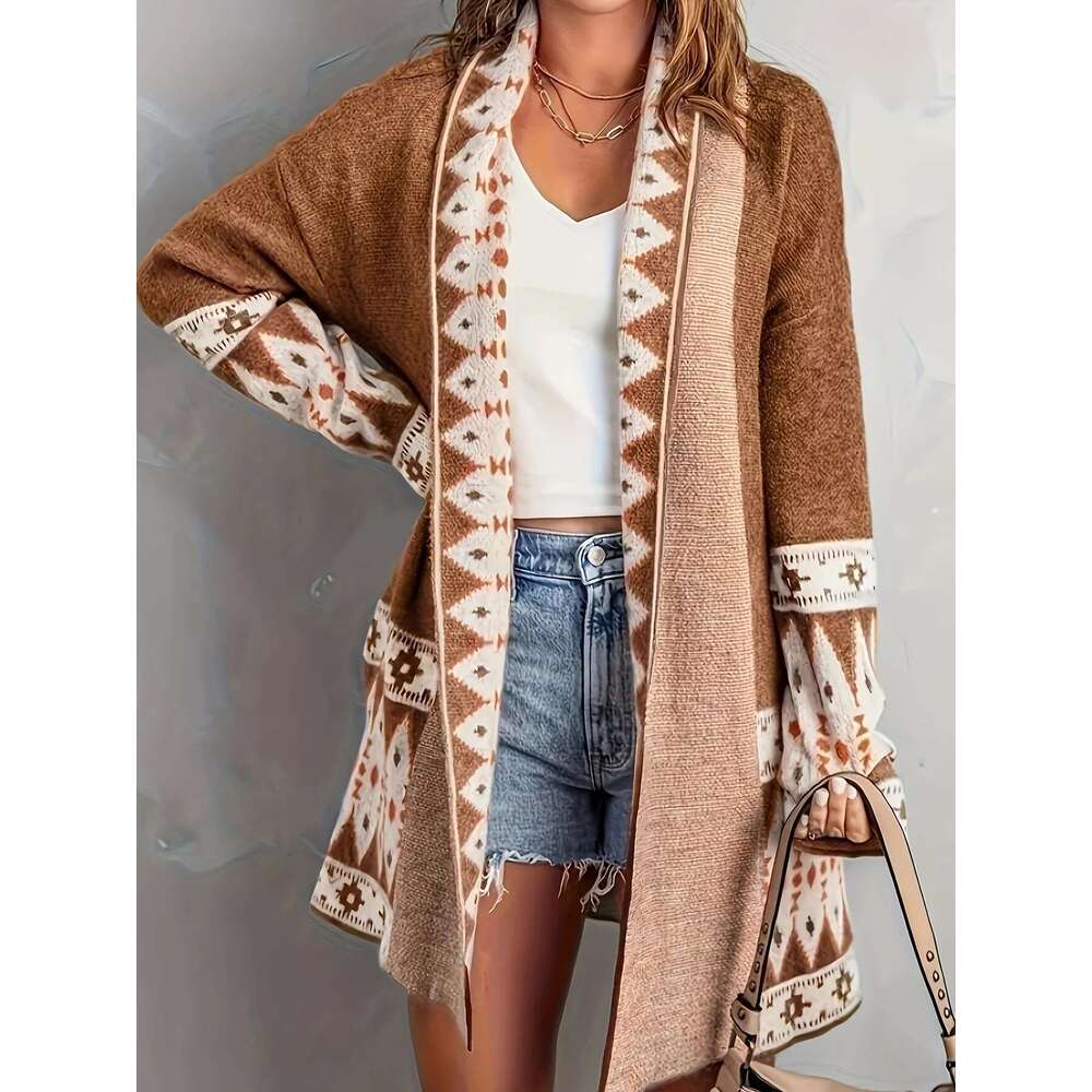 Sweater for Women, Boho Geometric Print Cardigan Sweater, Loose Mid-Length Knitted Jacket