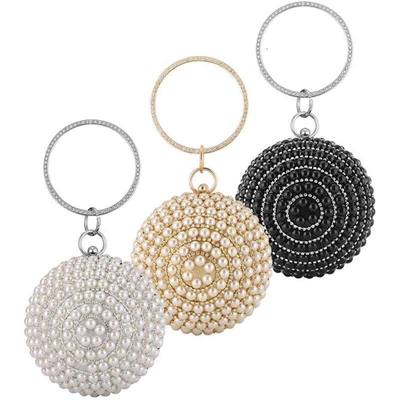 Pearl Round Evening Bag With Chain Women Girls Glitter Rhinestones Party Wedding Handbag Ladies Small Crossbody Purses