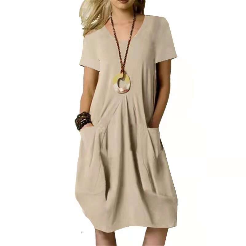 Women Clothes Dress Summer New Cotton Linen Solid Loose Round Neck Short Sleeve Dress KQ