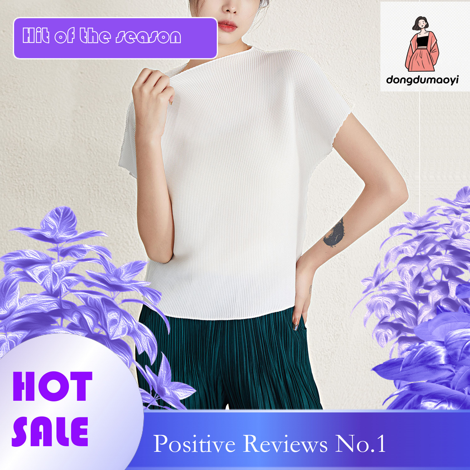 dongdumaoyi Miyake chic and beautiful top 2023 summer design sense niche round neck slimming pleated t-shirt for women