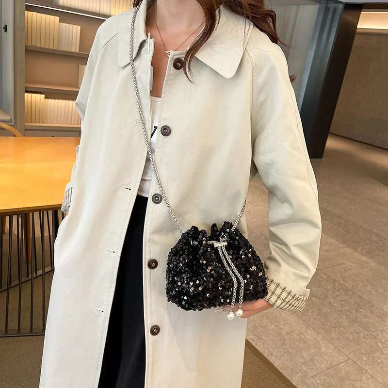 New Evening 2025 Fashion Sequin Bucket Bag Crossbody Bags for Women PU Black Sier Purse and Handbags