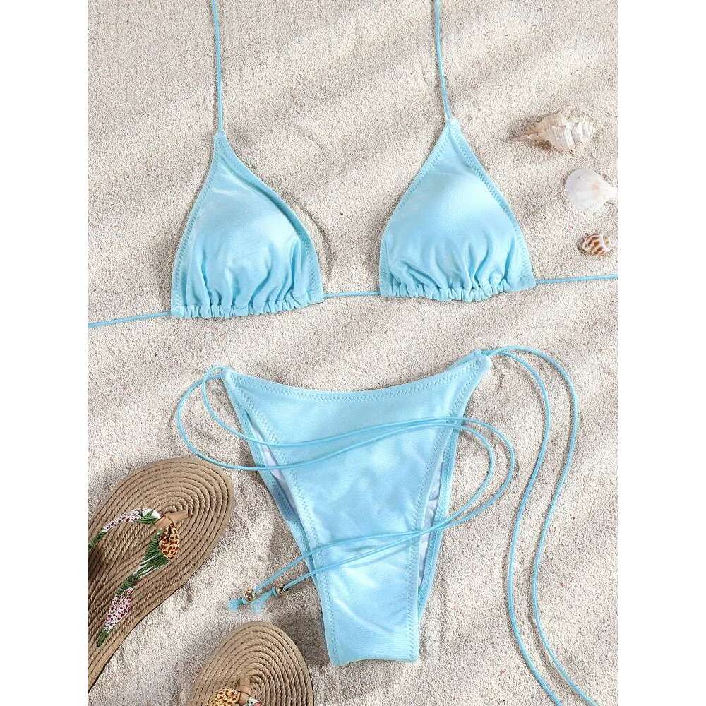Miyouj New Bikini Triangle Swimwear Leopard Two Piece Suit Solid Color Bathsuit Sexy Swimsuits High Cut Bathwear Bandage Biquini