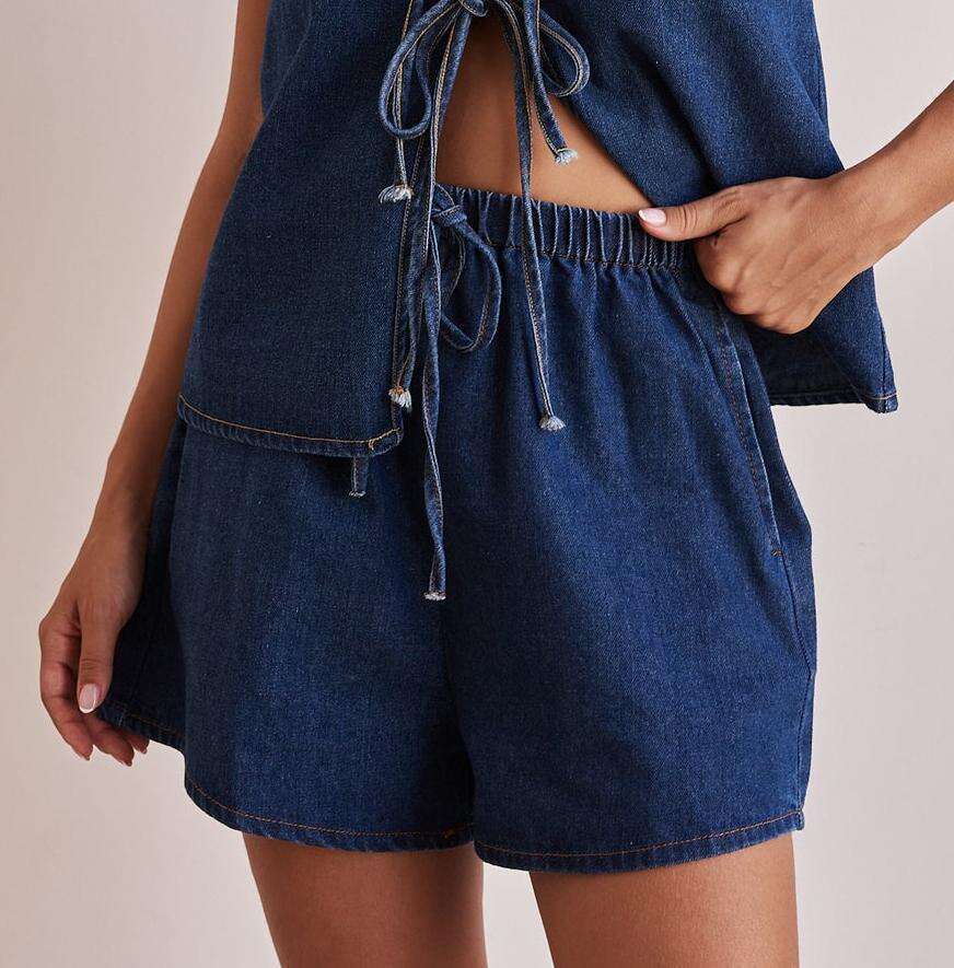 2025 Style Summer Fashion Casual Sleeveless Lace Up High Waisted Womens Vest Denim Suit Shorts for Women High Elasticity Versatile Printing New Produc