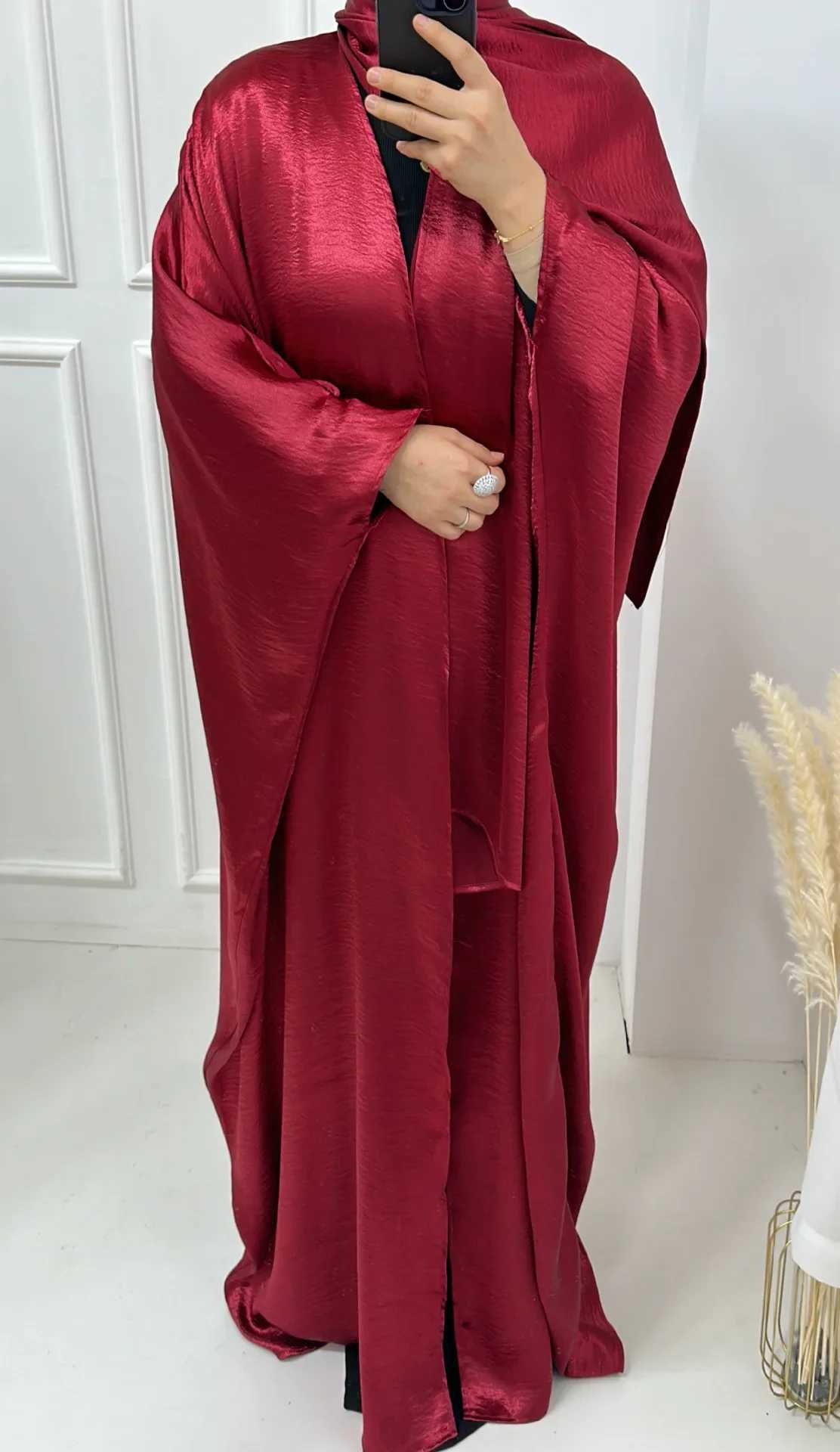 Morocco Eid Party Muslim Women Satin Open Abaya Cardigan Hijab Long Maxi Dress Turkey Kaftan Dubai Bat Slve Robe Arab Jalabiya X250514