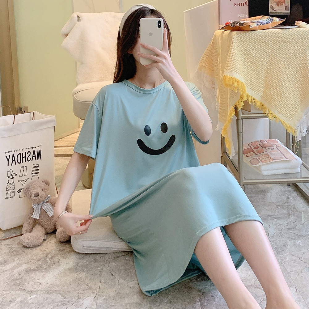 XX2255 Women's summer short-sleeved long popular cartoon cute simple smiley face can be worn outside large size pajamas